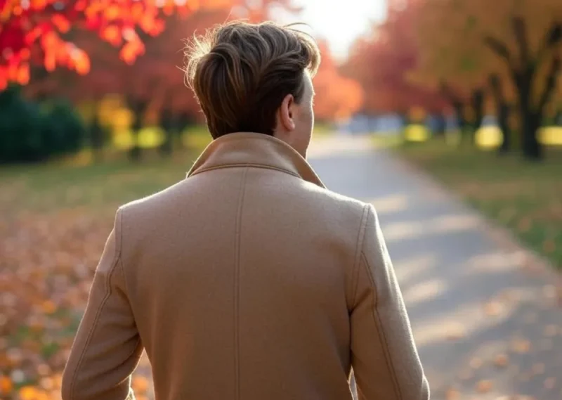 Homem caminhando em parque no outono com folhas coloridas
