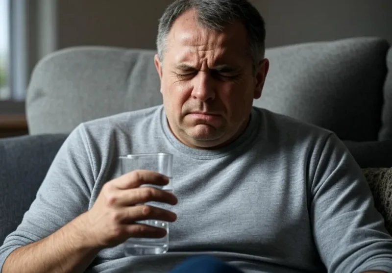 Ilustração de homem sentindo efeitos colaterais do Viagra como dor de cabeça e rubor facial, mas com pose empoderada indicando melhora na disfunção erétil